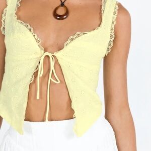 Princess Polly Merrelle Eyelet Lace Sleeveless Tie Front Top Butter Yellow US 0